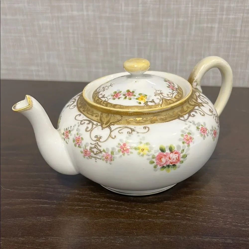 Antique Noritake Nippon Maple Leaf Teapot 1891 Hand Painted Gold Pink Roses